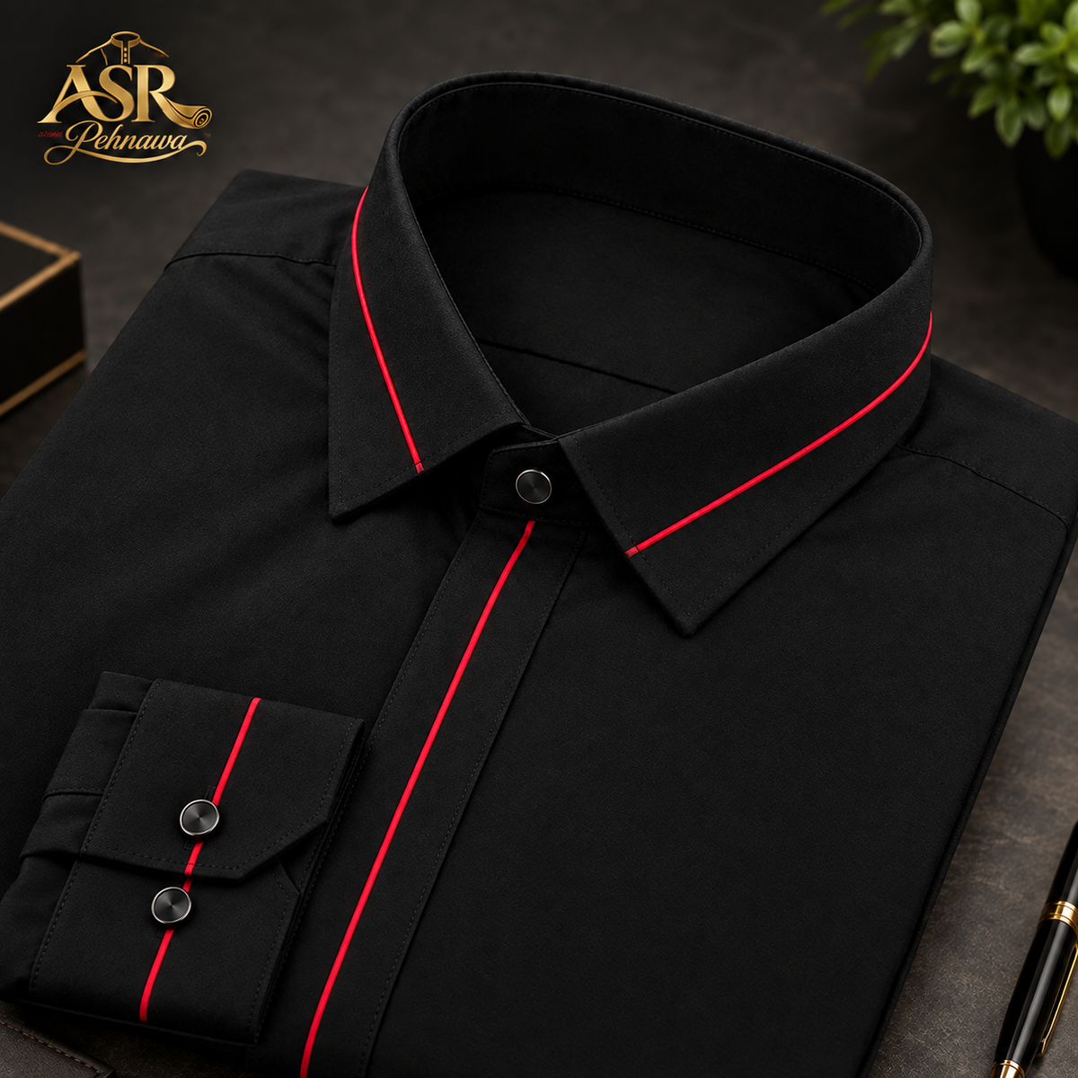 Four Season Black Stitched Shalwar Kameez With Red Piping Detail