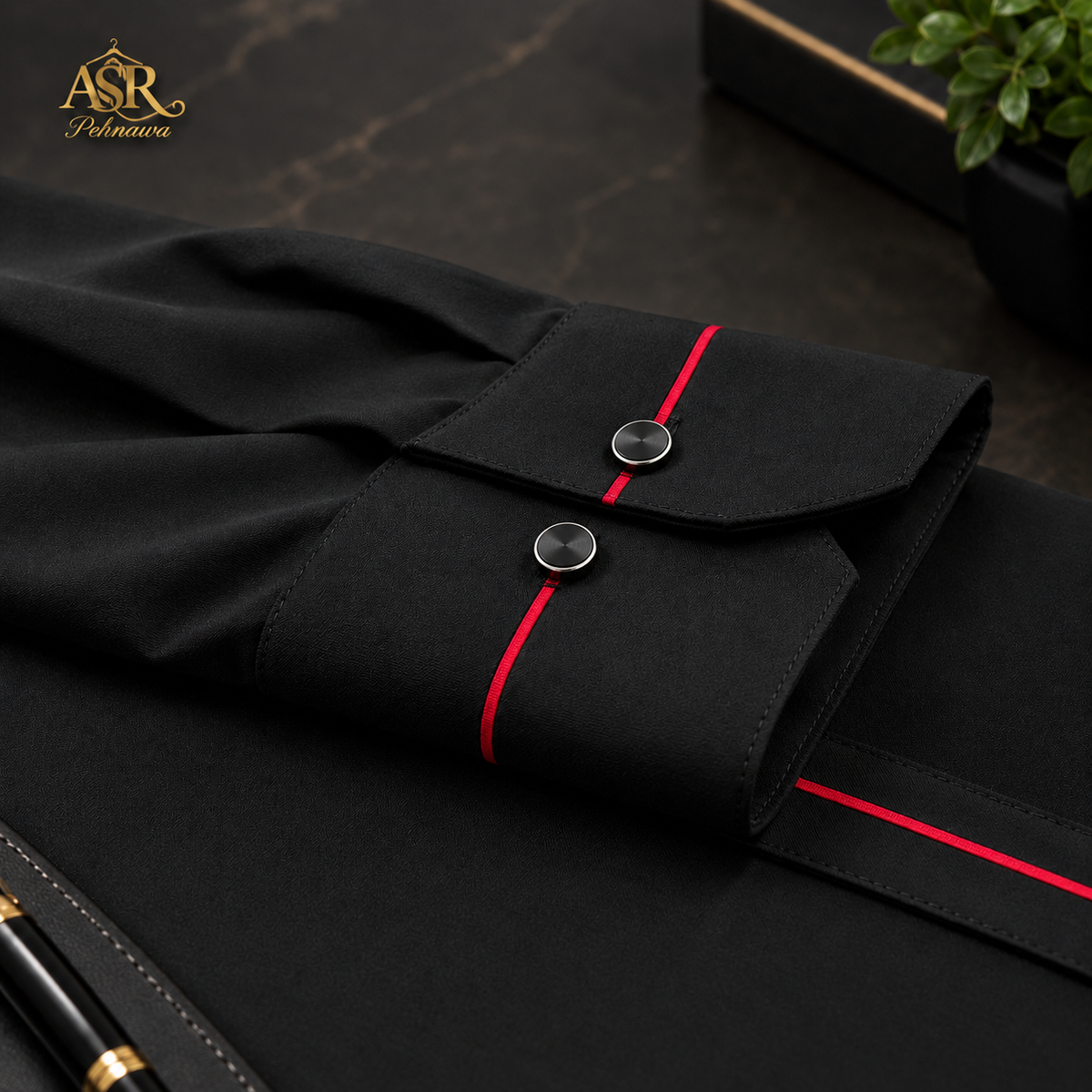 Four Season Black Stitched Shalwar Kameez With Red Piping Detail