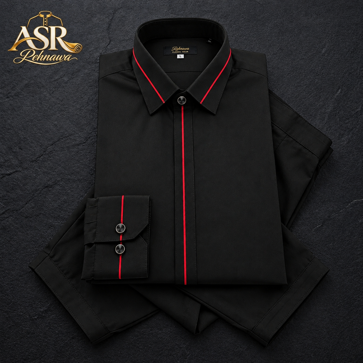 Four Season Black Stitched Shalwar Kameez With Red Piping Detail