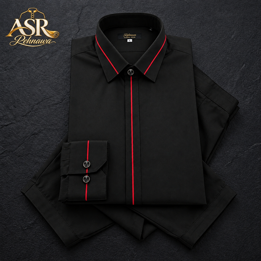 Four Season Black Stitched Shalwar Kameez With Red Piping Detail