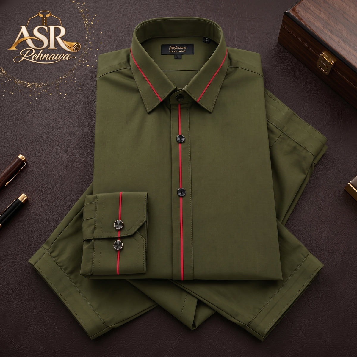 Four Season Olive Green Stitched Shalwar Kameez With Red Piping Detail