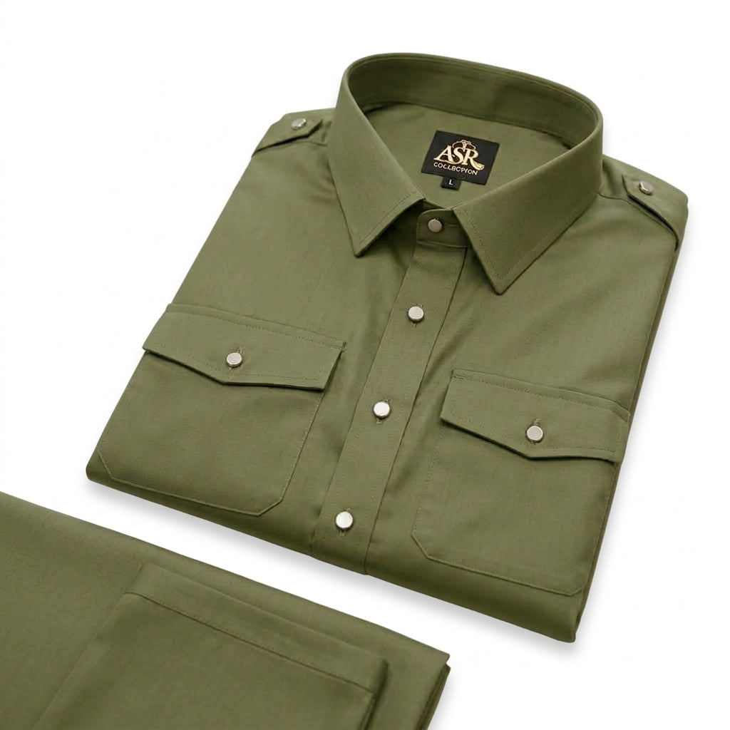Four Season Olive Green Double Pockets & Double Shoulders Stitched Shalwar Kameez