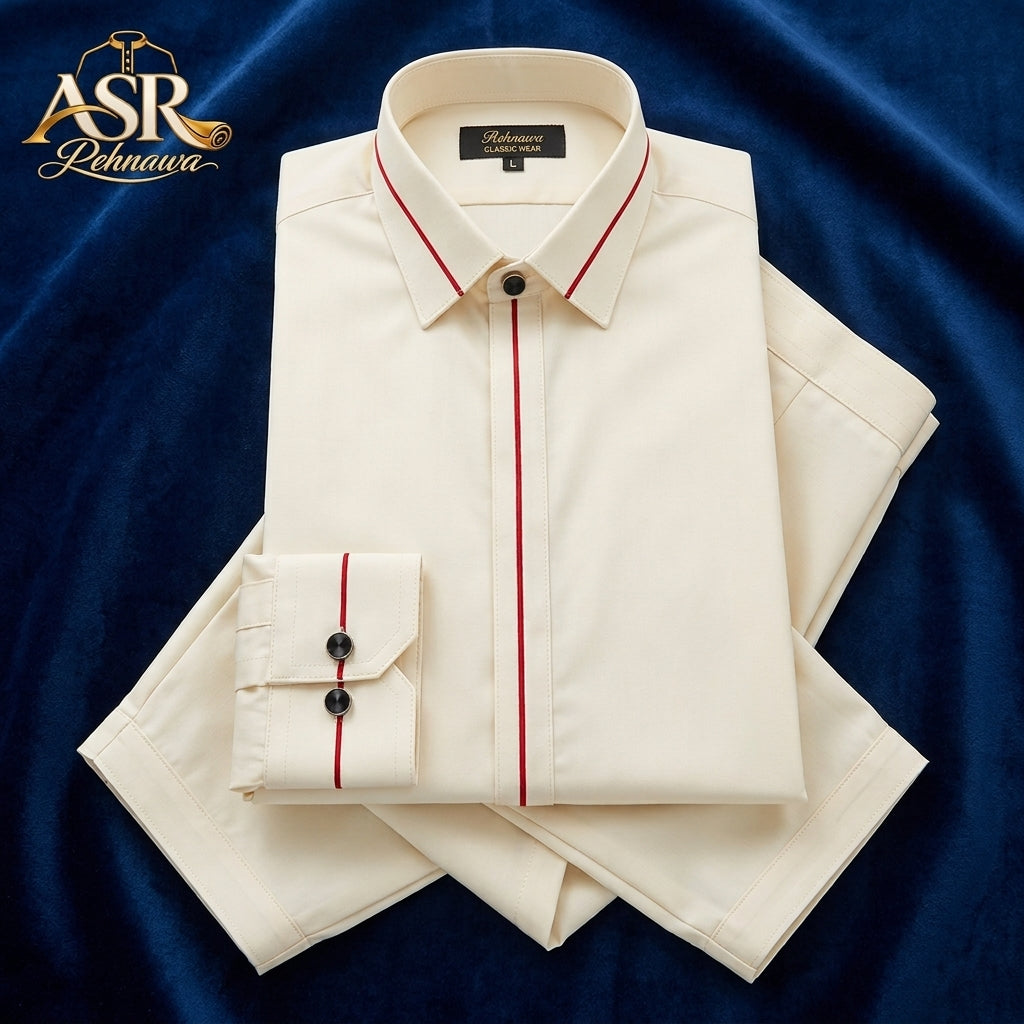 Four Season Off White Stitched Shalwar Kameez With Red Piping Detail