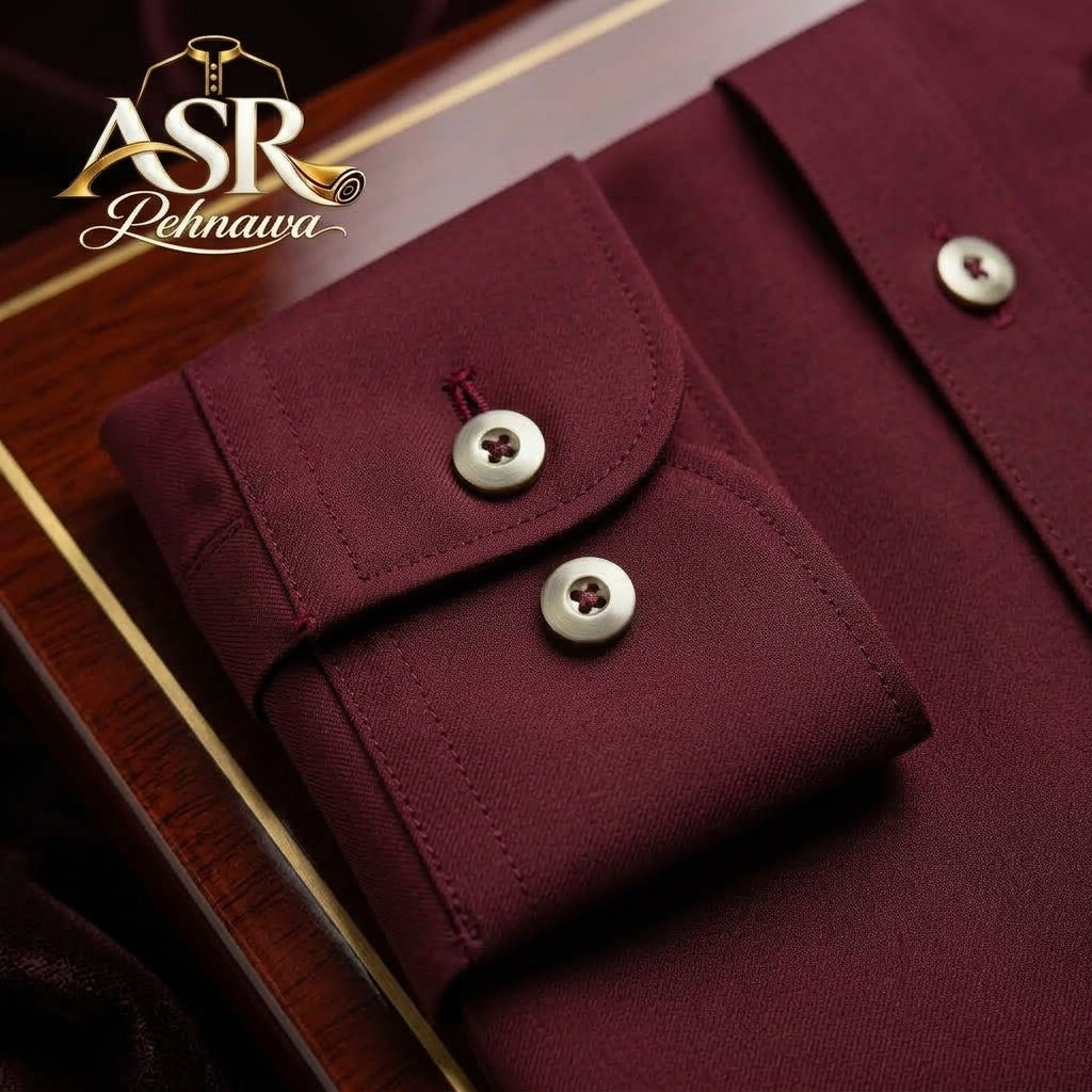 Four Season Maroon Stitched Shalwar Kameez With Dual-Tone Pocket Detail