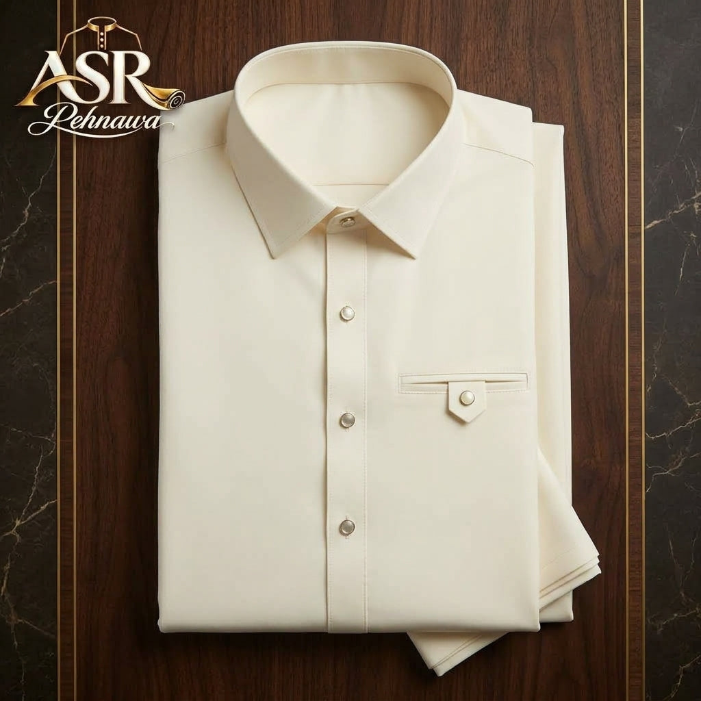 Four Season Off White Stitched Shalwar Kameez With Dual-Tone Pocket Detail
