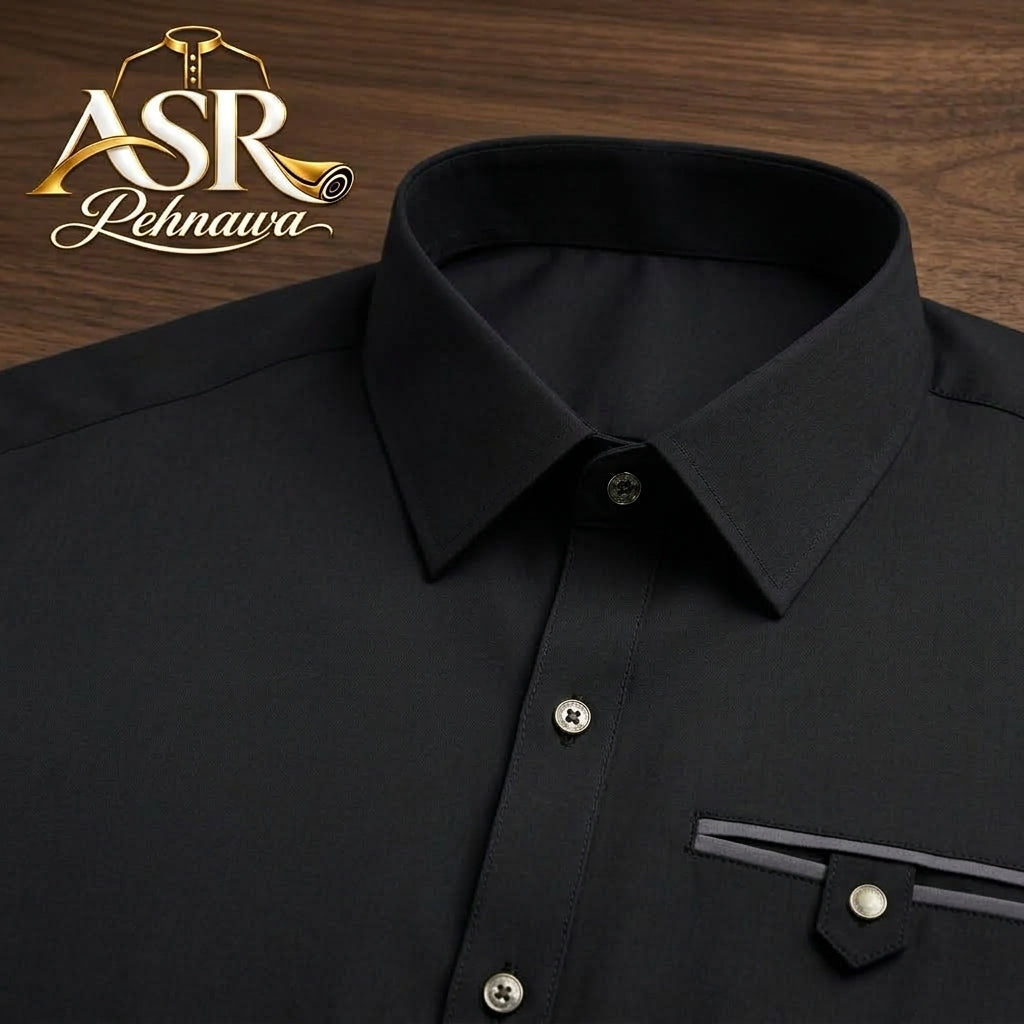 Four Season Black Stitched Shalwar Kameez With Dual-Tone Pocket Detail