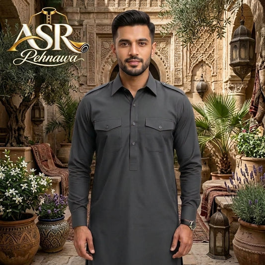 Four Season Grey Double Pockets & Double Shoulders Stitched Shalwar Kameez