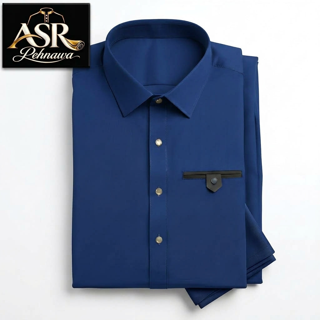 Four Season Blue Stitched Shalwar Kameez With Dual-Tone Pocket Detail