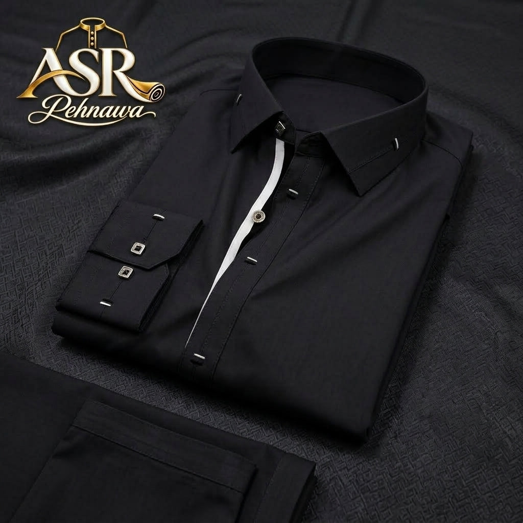 Four Season Black Stitched Shalwar Kameez With Balck & White Ribbon