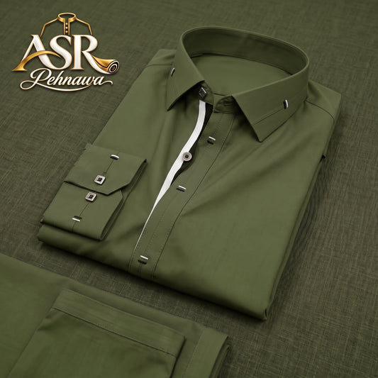 Four Season Olive Green Stitched Shalwar Kameez With Balck & White Ribbon