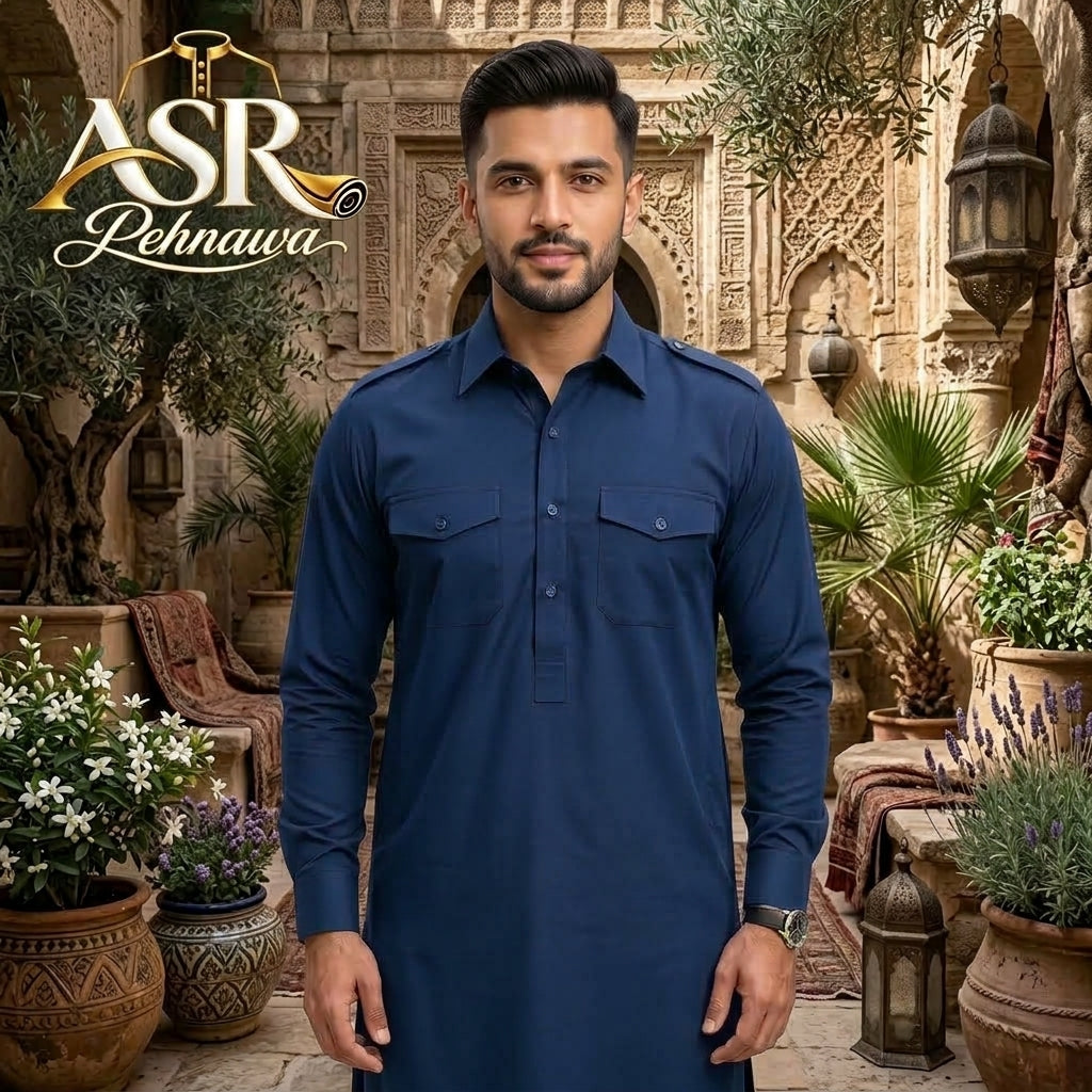 Four Season Blue Double Pockets & Double Shoulders Stitched Shalwar Kameez