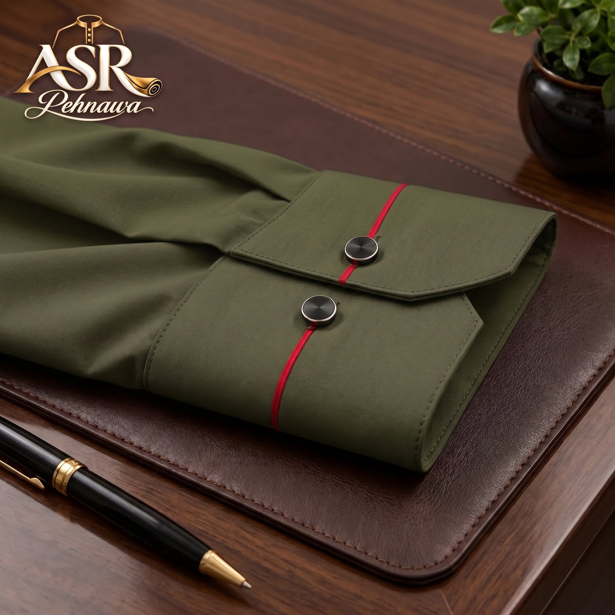 Four Season Olive Green Stitched Shalwar Kameez With Red Piping Detail