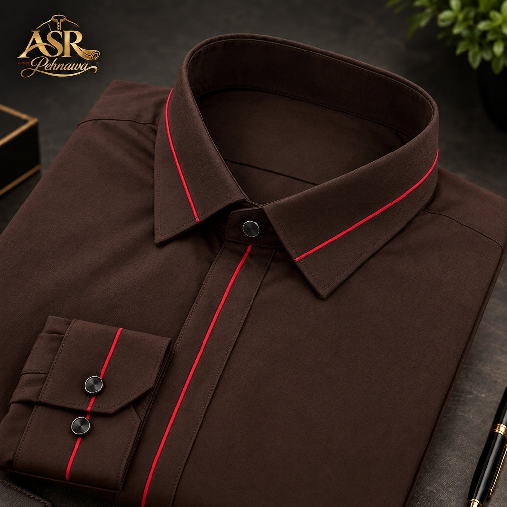 Four Season Brown Stitched Shalwar Kameez With Red Piping Detail