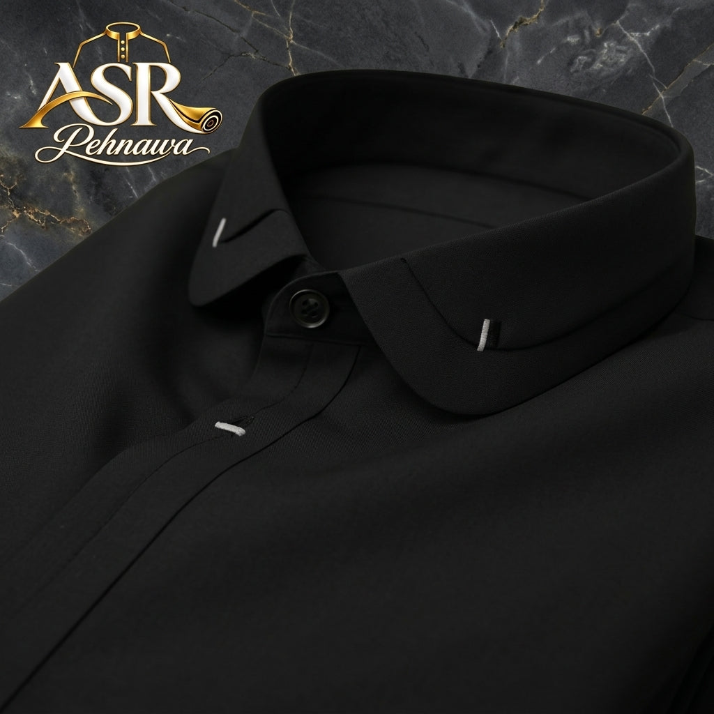 Four Season Black Double Collar & Cuff Stitched Shalwar Kameez