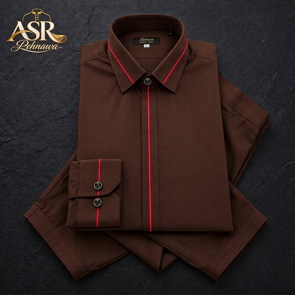 Four Season Brown Stitched Shalwar Kameez With Red Piping Detail