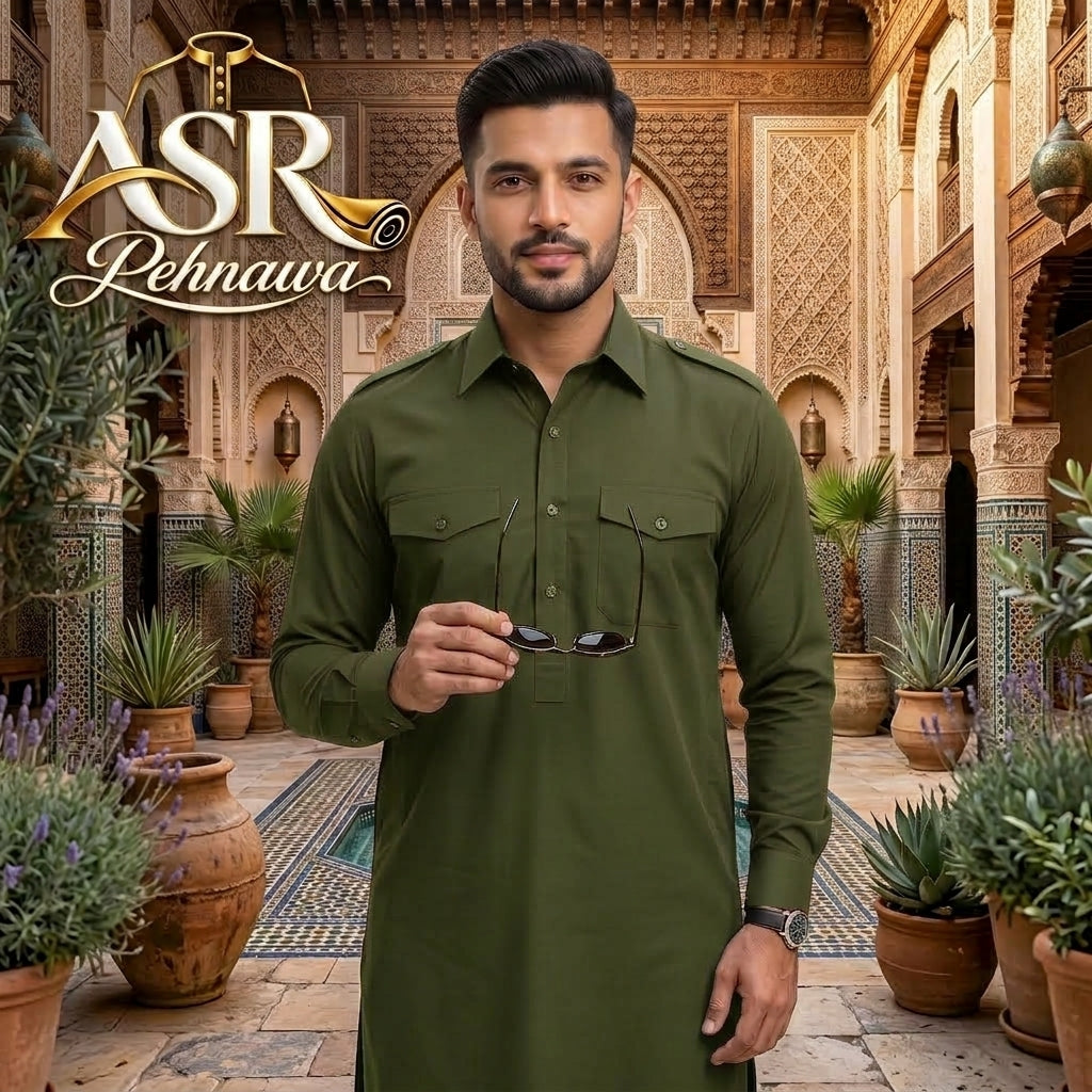 Four Season Olive Green Double Pockets & Double Shoulders Stitched Shalwar Kameez