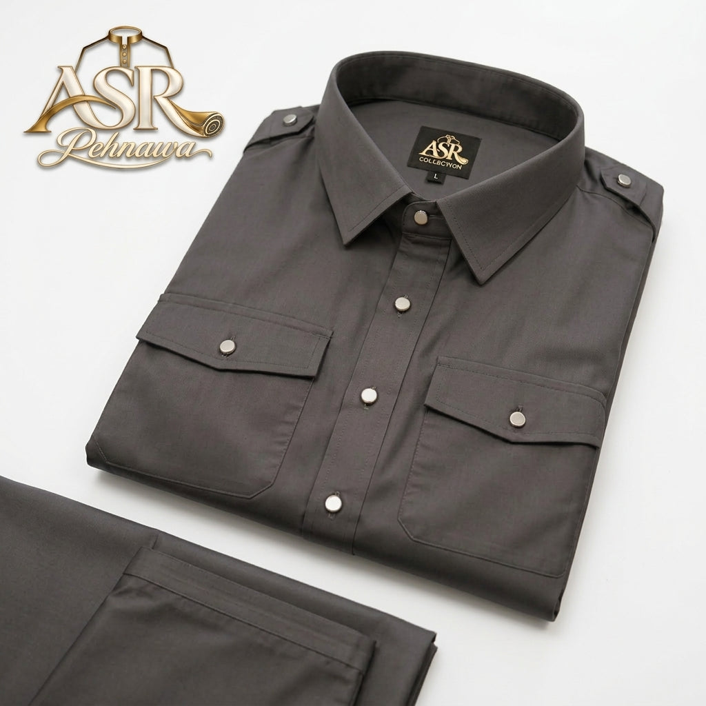 Four Season Grey Double Pockets & Double Shoulders Stitched Shalwar Kameez