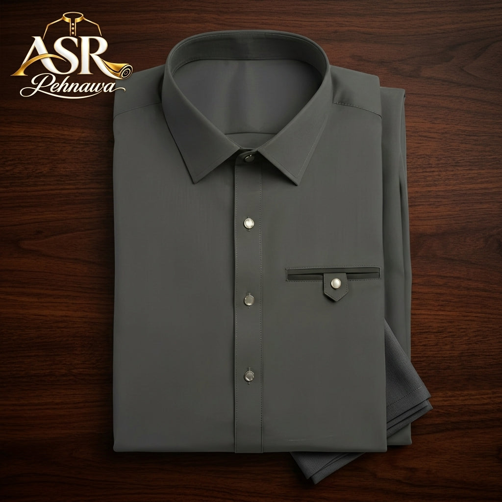 Four Season Grey Stitched Shalwar Kameez With Dual-Tone Pocket Detail