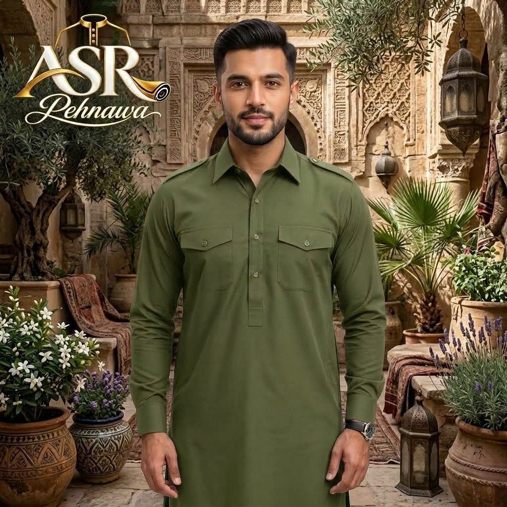 Four Season Olive Green Double Pockets & Double Shoulders Stitched Shalwar Kameez