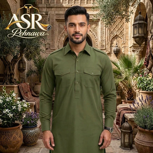 Four Season Olive Green Double Pockets & Double Shoulders Stitched Shalwar Kameez