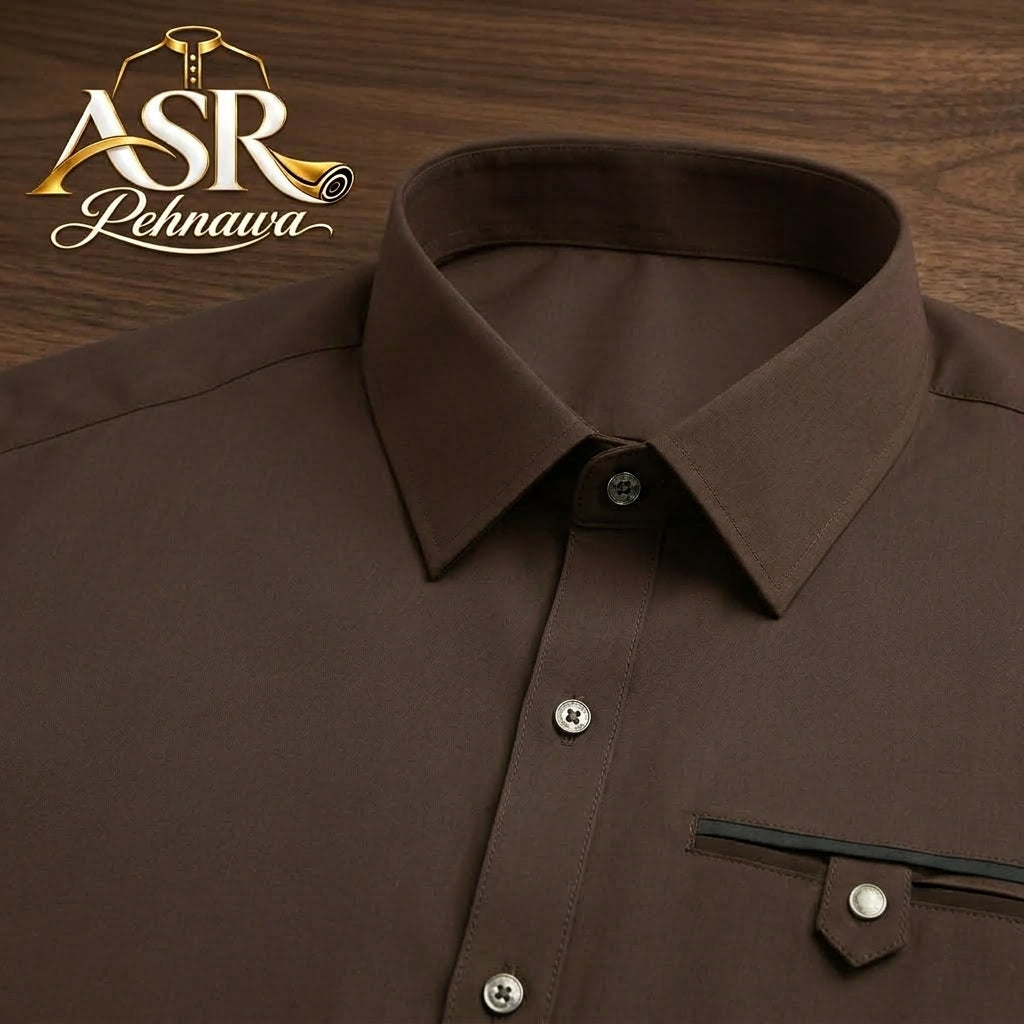 Four Season Brown Stitched Shalwar Kameez With Dual-Tone Pocket Detail