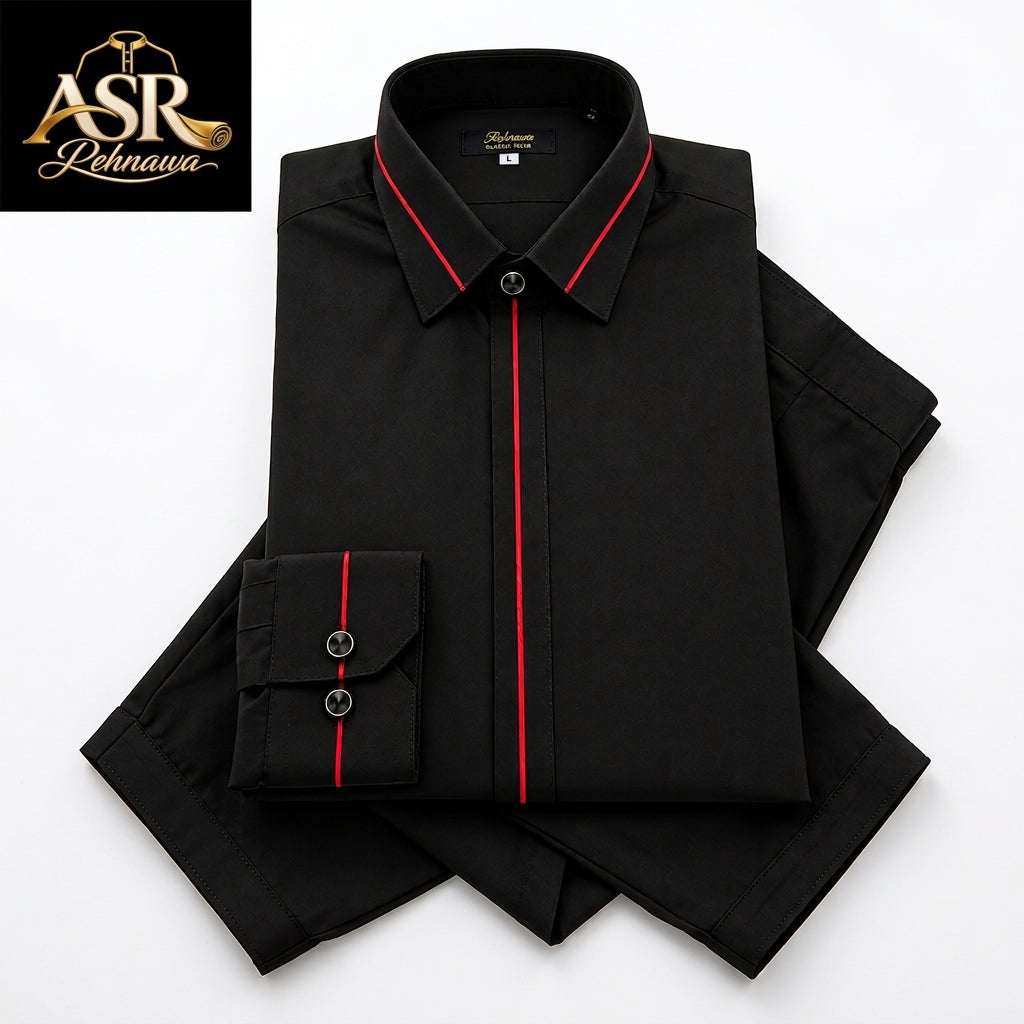 Four Season Black Stitched Shalwar Kameez With Red Piping Detail