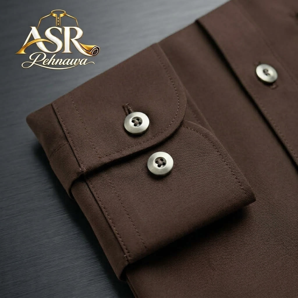 Four Season Brown Stitched Shalwar Kameez With Dual-Tone Pocket Detail