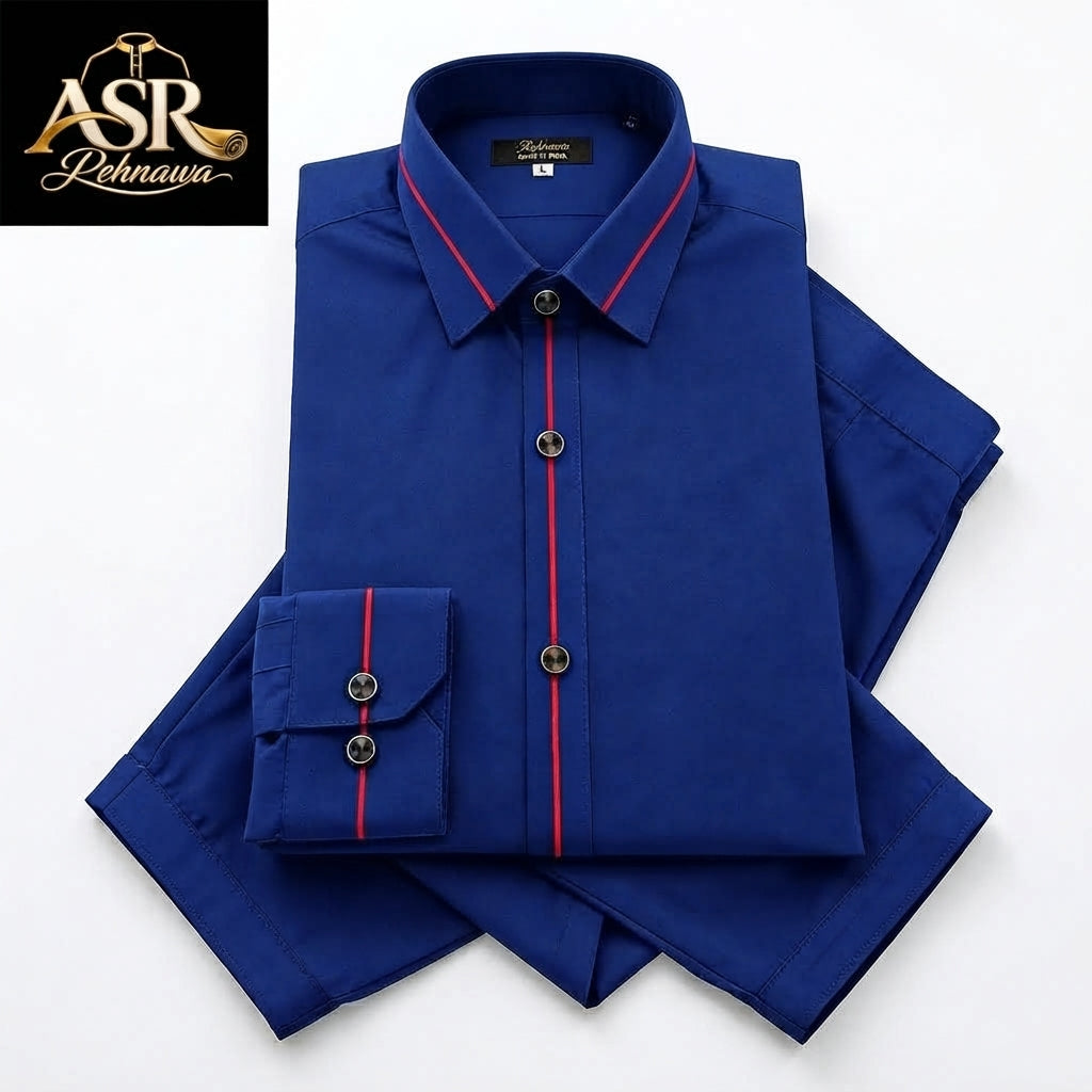 Four Season Blue Stitched Shalwar Kameez With Red Piping Detail