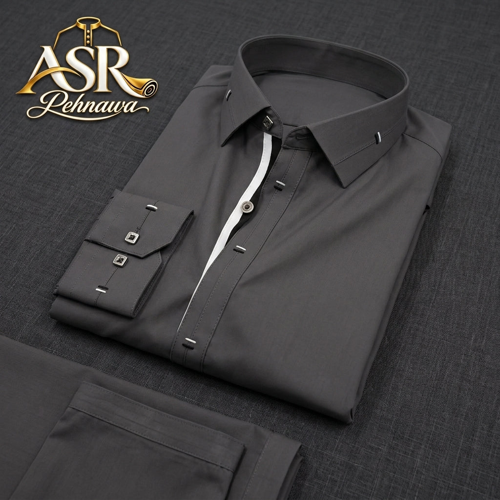 Four Season Grey Stitched Shalwar Kameez With Balck & White Ribbon