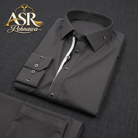 Four Season Grey Stitched Shalwar Kameez With Balck & White Ribbon