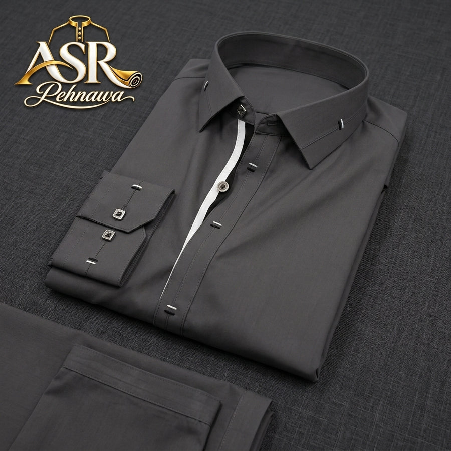 Four Season Grey Stitched Shalwar Kameez With Balck & White Ribbon