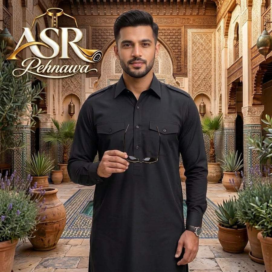 Four Season Black Double Pockets & Double Shoulders Stitched Shalwar Kameez