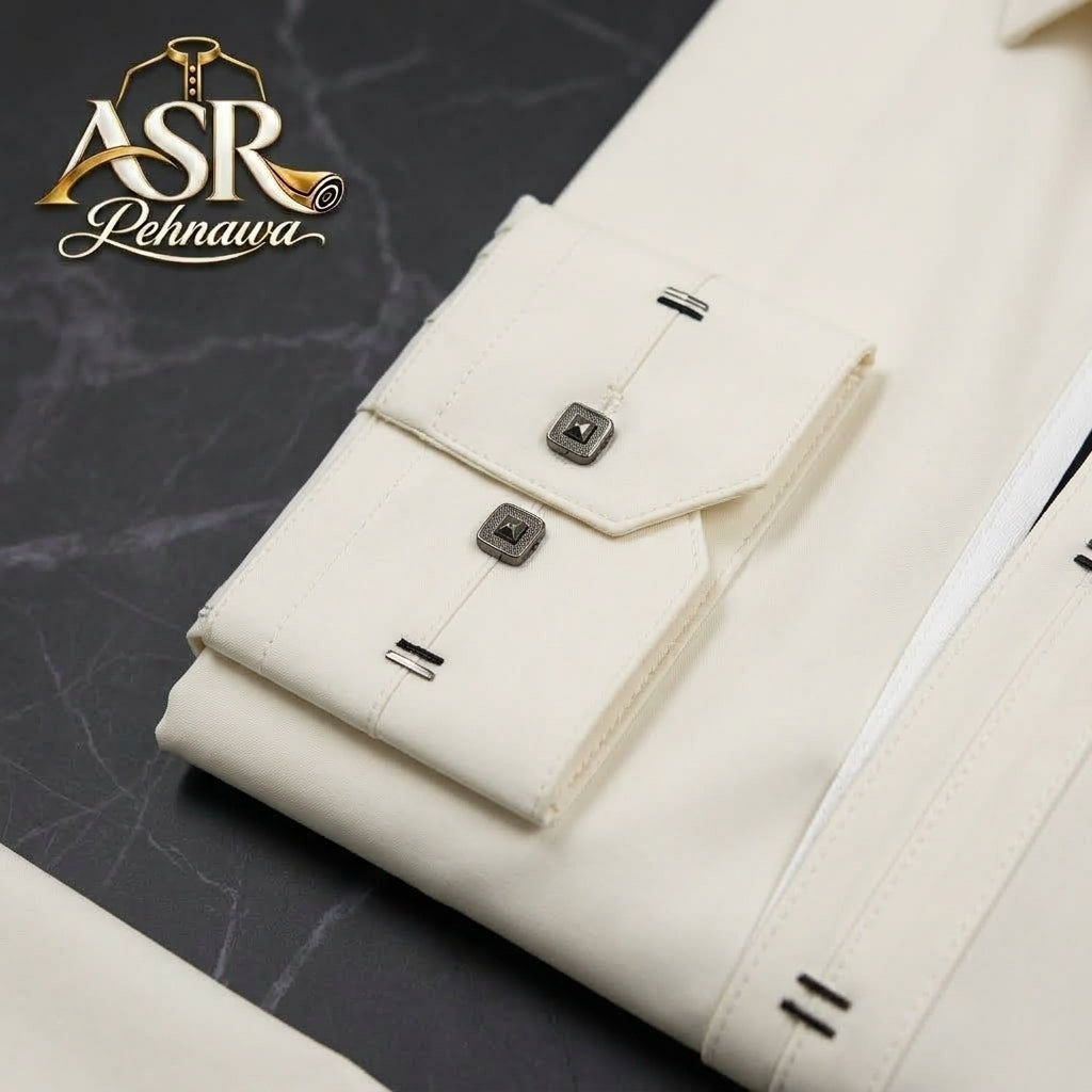 Four Season Off White Stitched Shalwar Kameez With Balck & White Ribbon
