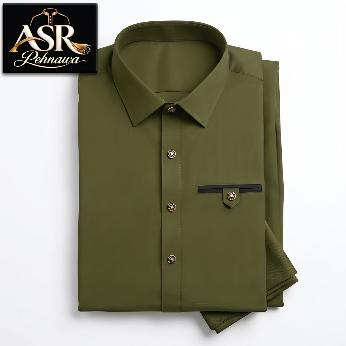 Four Season Olive Green Stitched Shalwar Kameez With Dual-Tone Pocket Detail