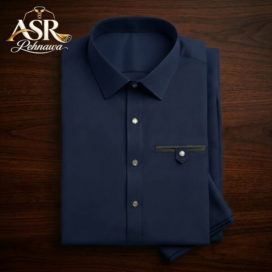 Four Season Blue Stitched Shalwar Kameez With Dual-Tone Pocket Detail