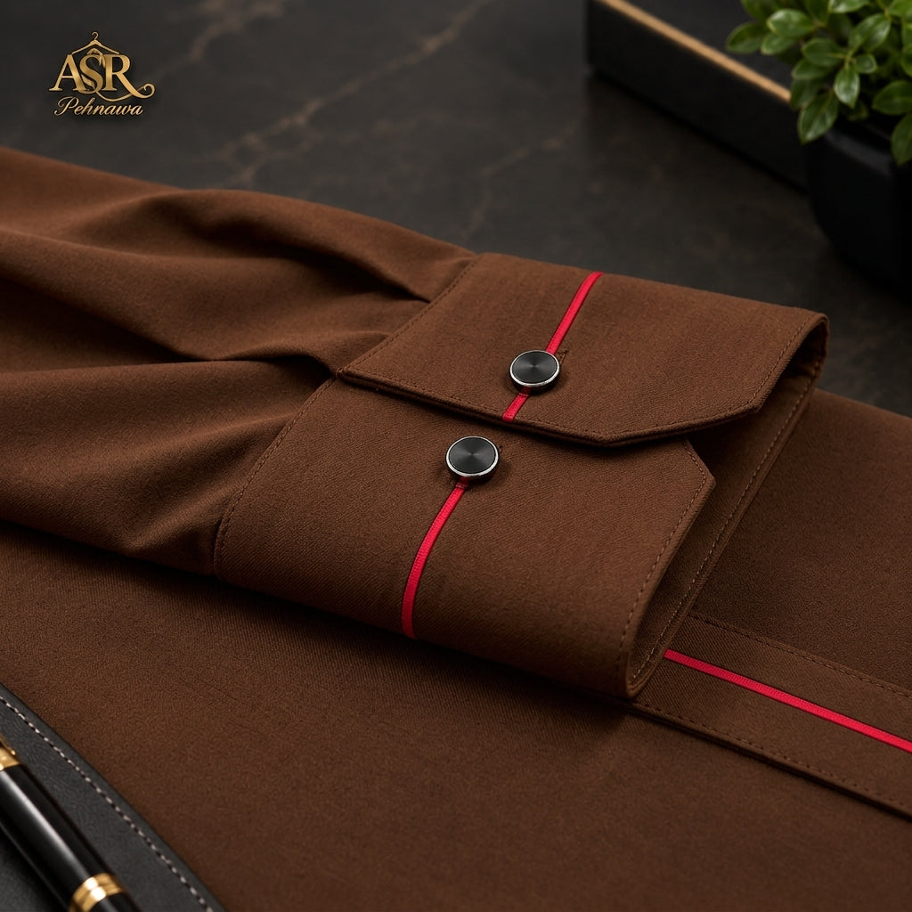 Four Season Brown Stitched Shalwar Kameez With Red Piping Detail