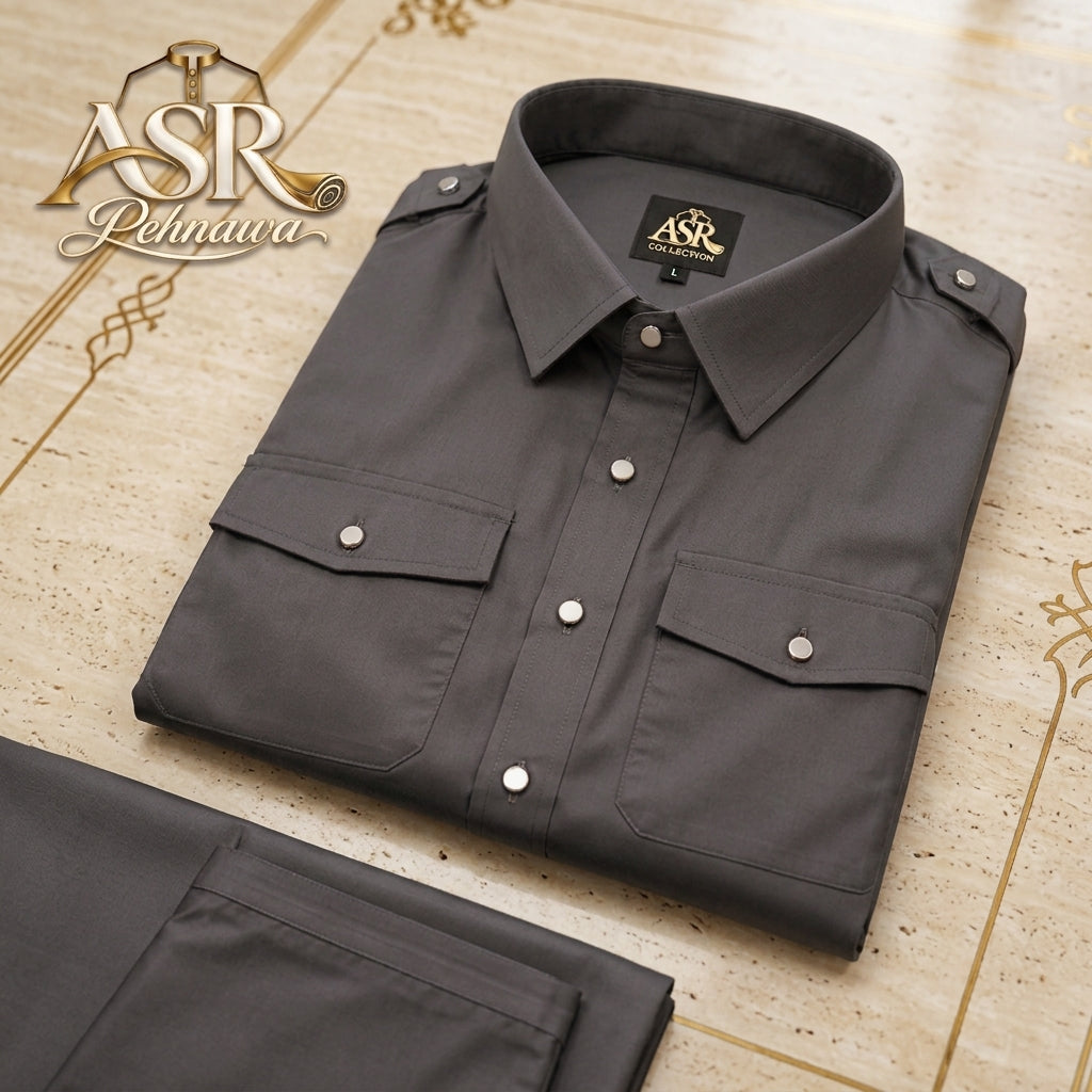 Four Season Grey Double Pockets & Double Shoulders Stitched Shalwar Kameez