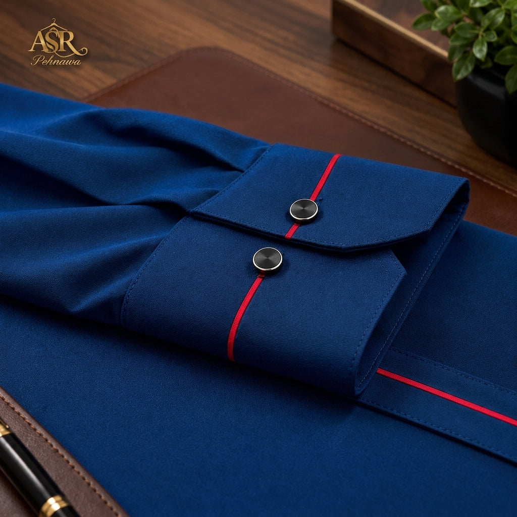 Four Season Blue Stitched Shalwar Kameez With Red Piping Detail