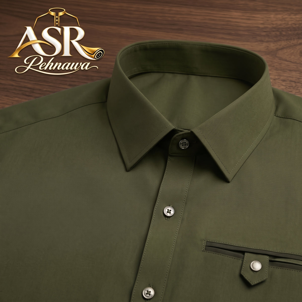 Four Season Olive Green Stitched Shalwar Kameez With Dual-Tone Pocket Detail