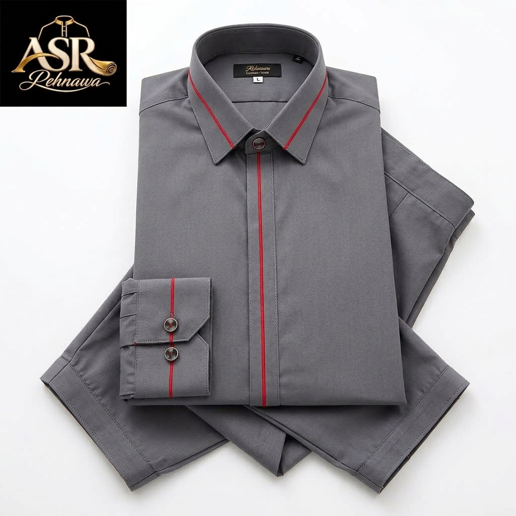 Four Season Grey Stitched Shalwar Kameez With Red Piping Detail