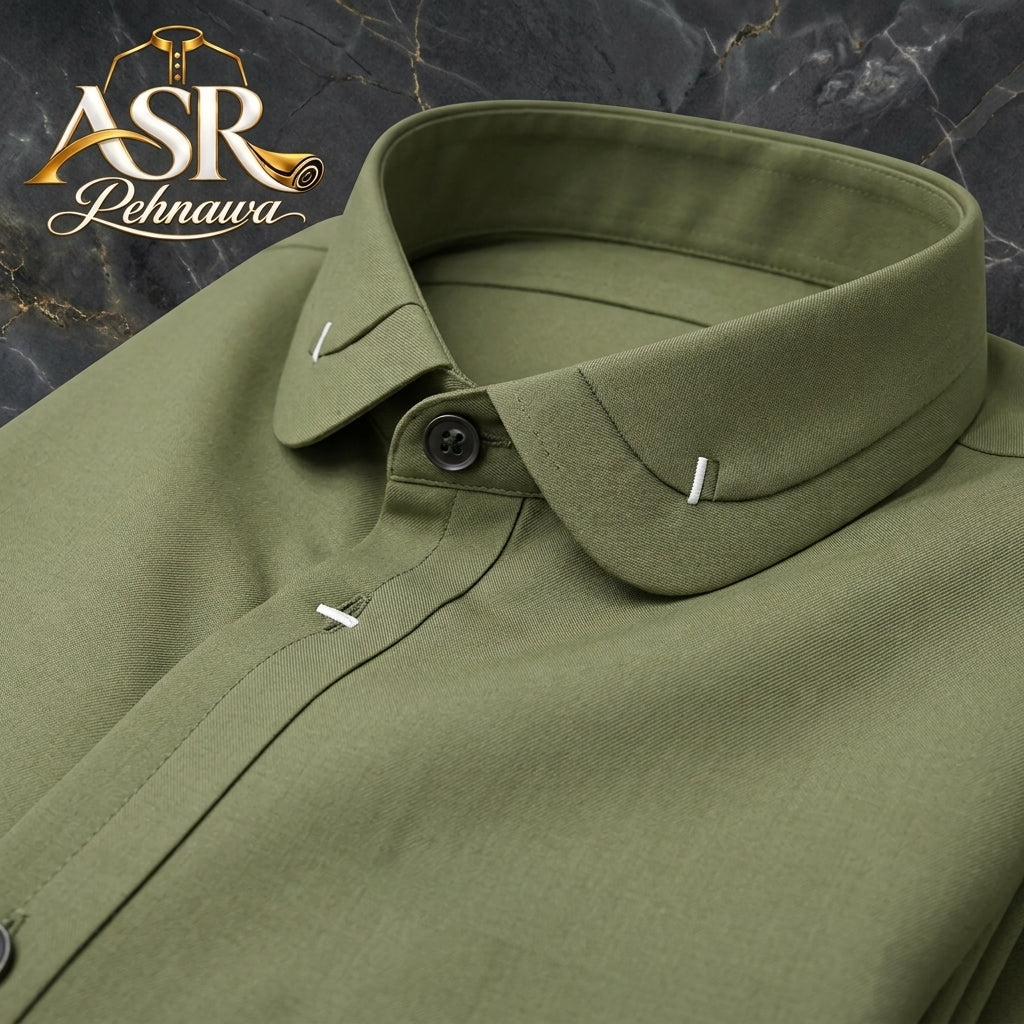 Four Season Olive Green Double Collar & Cuff Stitched Shalwar Kameez