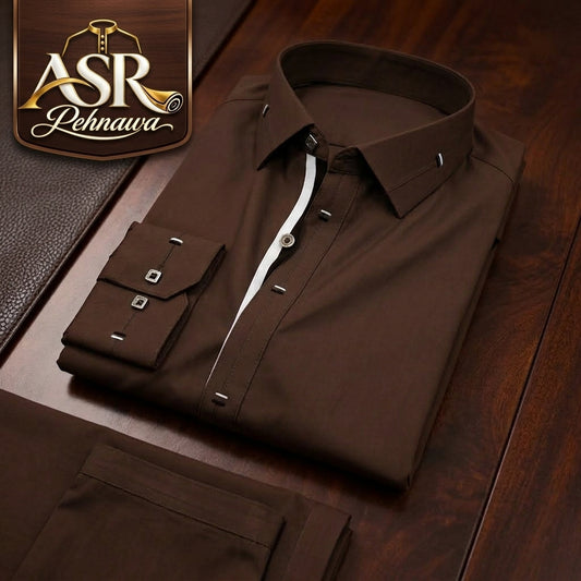Four Season Brown Stitched Shalwar Kameez With Balck & White Ribbon