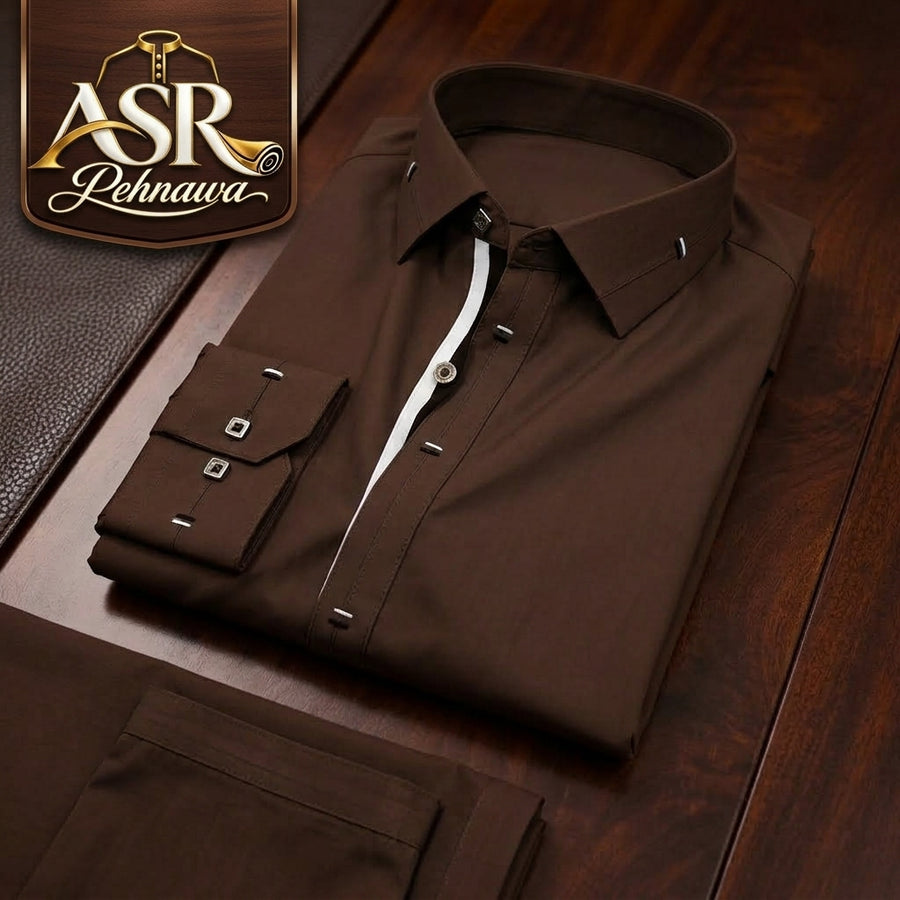 Four Season Brown Stitched Shalwar Kameez With Balck & White Ribbon