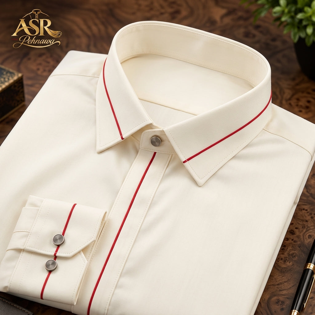 Four Season Off White Stitched Shalwar Kameez With Red Piping Detail