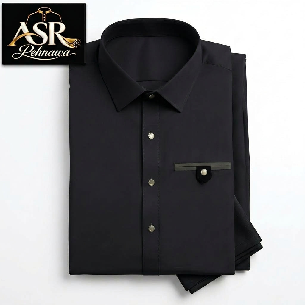 Four Season Black Stitched Shalwar Kameez With Dual-Tone Pocket Detail