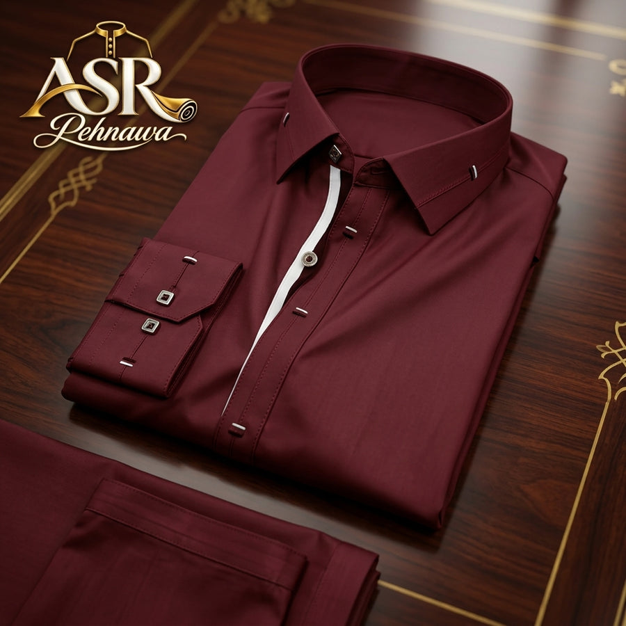 Four Season Maroon Stitched Shalwar Kameez With Balck & White Ribbon