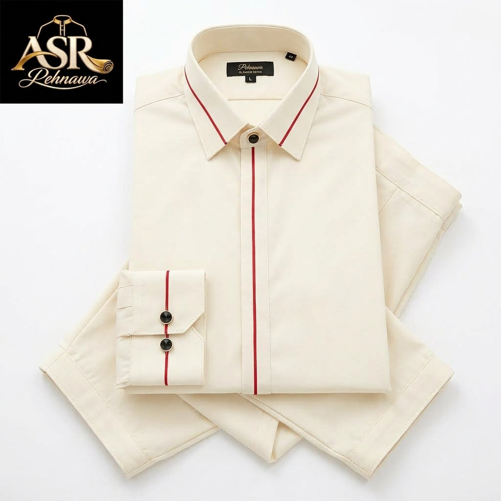 Four Season Off White Stitched Shalwar Kameez With Red Piping Detail
