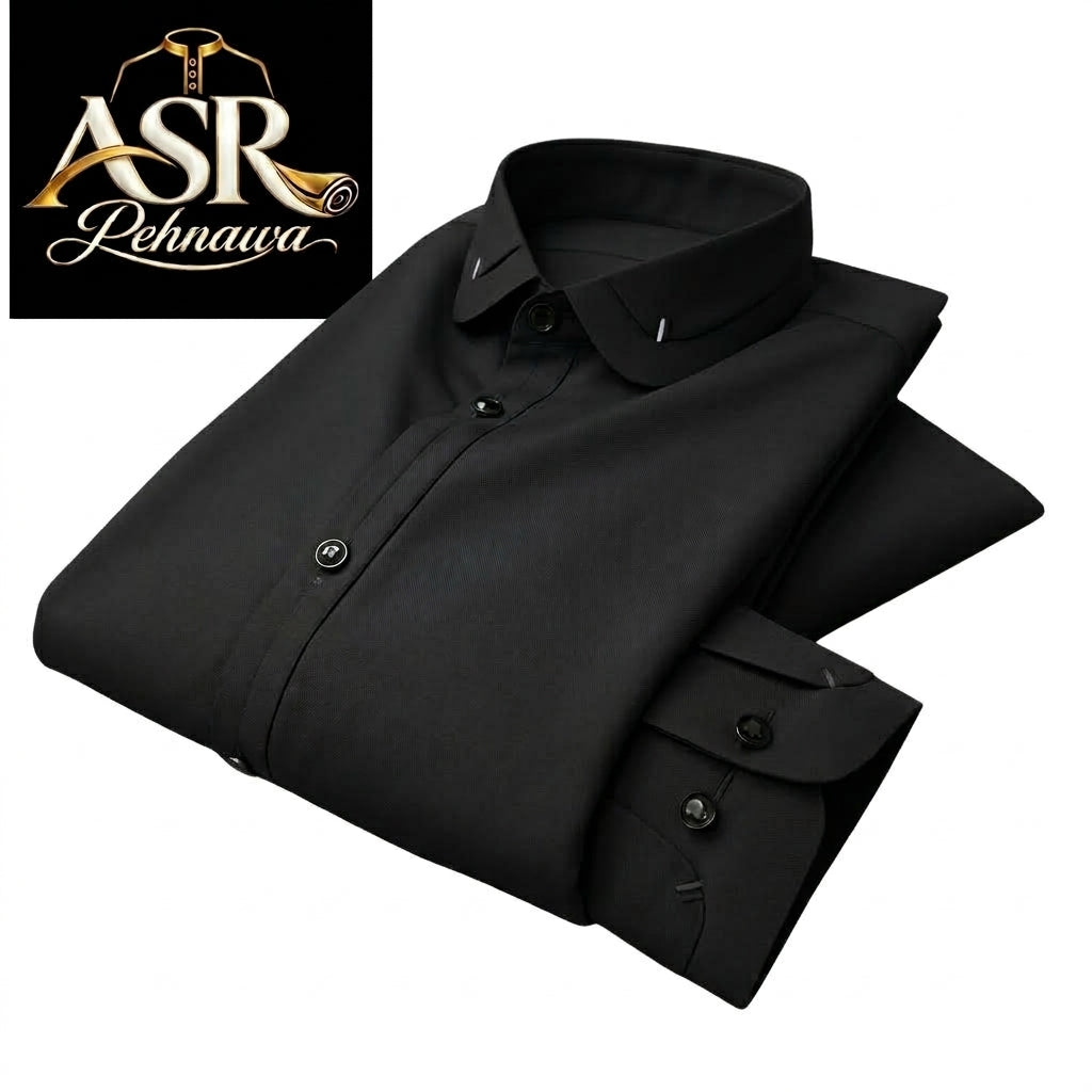 Four Season Black Double Collar & Cuff Stitched Shalwar Kameez