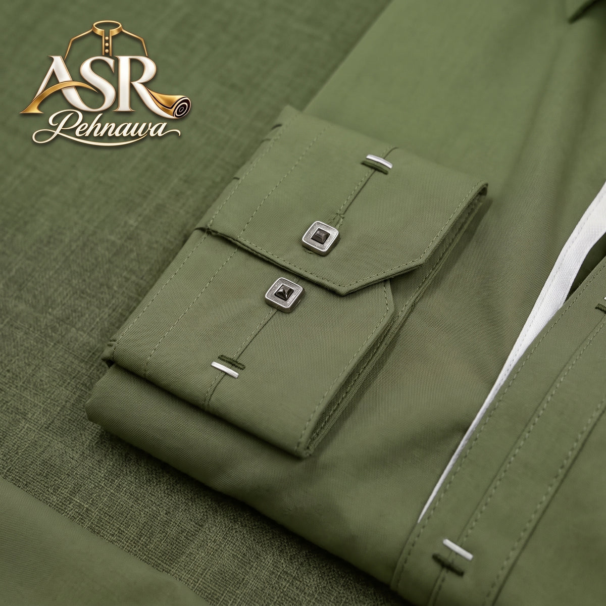 Four Season Olive Green Stitched Shalwar Kameez With Balck & White Ribbon