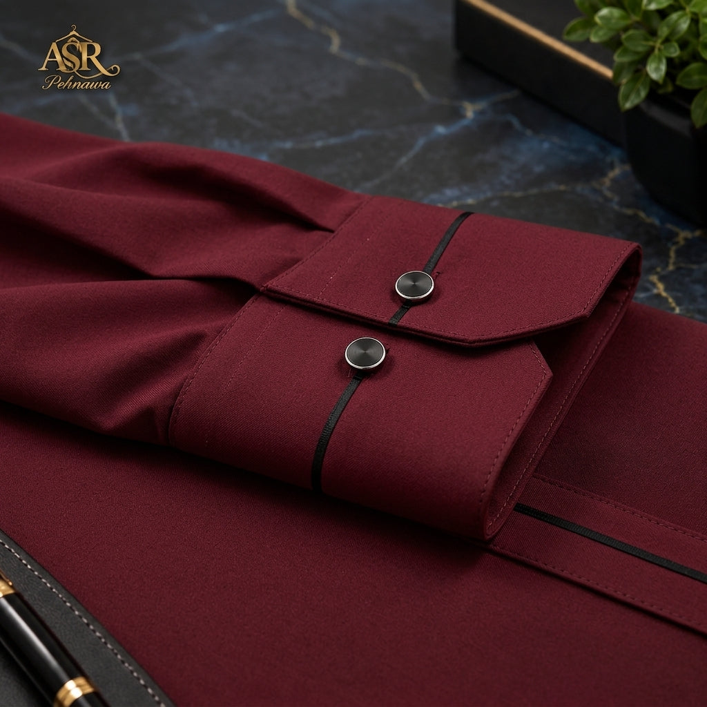 Four Season Maroon Stitched Shalwar Kameez With Black Piping Detail
